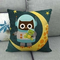 Cartoon owl astronaut linen cushion cover with moon and stars on dark green background - Astronaut Owl with Bear Style (5)