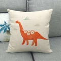 Square linen pillowcase with cute orange dinosaur print on a grey sofa background - Long Neck Dinosaur Cartoon Style (11)
