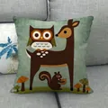 Cartoon owl and deer linen pillowcase with forest animal prints on a gray sofa - Forest Deer and Owl Style (6)
