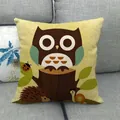 Linen cushion cover with cartoon owl and forest animals on gray sofa background - Forest Hedgehog and Owl Style (7)