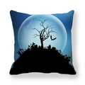 Halloween pillow cover with midnight blue full moon and spooky graveyard silhouette - Blue Moon Cemetery Bat Style (7) / 18x18 Inch