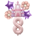 Pink and purple 8th birthday balloon set with princess castle and stars motifs - Number 8 / Baby Pink