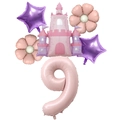 Pink and purple 9th birthday balloon set with castle and star shapes for girls - Number 9 / Baby Pink
