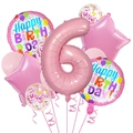 Détail du ballon chiffre 6 rose avec motifs Happy Birthday et ballons à paillettes - Ensemble Rose 6