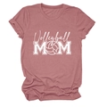 Close-up of Volleyball MOM print on a dusty rose crew neck short sleeve t-shirt - Rose Gold (White Font)