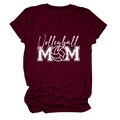 Close-up of Volleyball MOM graphic and rolled cuffs on a burgundy cotton T-shirt - Wine Red (White Font)
