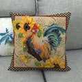 Housse de coussin en lin avec coq et tournesol sur canapé gris, style campagnard - Coq et Tournesol Rétro (8)