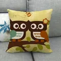 Linen pillowcase with cute brown owls and floral illustration on beige background - Warm Beige Double Owl Branch Style (11)
