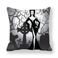 Gothic girl in graveyard illustration on square peach skin pillowcase for Halloween - Black-haired Witch and Cemetery (17)