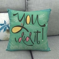 Detailed texture of linen cushion cover with You Did It inspirational text on gray sofa - Teal Inspirational You Did It Style (14)