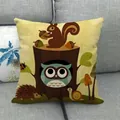 Linen cushion cover with cartoon forest owl, squirrel and hedgehog print for home decor - Beige Forest Birds Style (12)