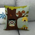 Cartoon forest animal owl and squirrel linen square cushion cover on grey sofa - Forest Beehive Owl Style (13)
