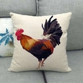 Linen decorative throw pillow cover with a colorful realistic rooster print on a gray sofa - Red Brown Black Feather Rooster (4)