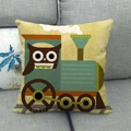 Square linen pillowcase featuring a cute cartoon owl driving a blue steam train toy - Owl Driving Train Style (15)