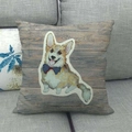 Linen pillow cover with cute Corgi dog wearing a bow tie on wood grain background - Bowtie Wood Grain Style (14)