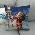 Funda de cojín de lino navideña con Papá Noel y muñeco de nieve en noche de nieve - Farola Noche de Nieve (16)