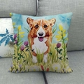 Watercolor corgi dog linen pillow cover on a grey sofa for home living room decor - Flower Field Meadow Style (16)