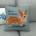 Detailed texture of blue linen pillowcase featuring hand-drawn Corgi art and text - Hello CORGEOUS Blue Style (18)