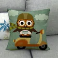 Linen cushion cover with cartoon owl riding a scooter on a gray sofa - Motorcycle Riding Owl Style (17)