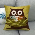 Linen sofa pillow cover featuring a cute brown and colorful cartoon owl family print - Warm Owl Family Style (18)