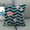 Linen flamingo throw pillow with rose floral pattern on wavy blue background - Blue Chevron Rose Flamingo