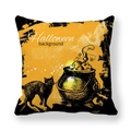 Halloween throw pillow cover featuring a black cat, witch cauldron, and bats on orange fabric - Vintage Black Cat and Witch Cauldron (6)