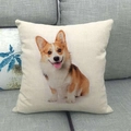 Linen cushion cover with a sitting Corgi print on a gray fabric sofa setup - Sitting Style (1)