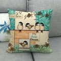 Macro detail of vintage linen pillow cover featuring bird motif and 'Fly Soar Dream' text - 18x18 Inch / Blue Tit Style (2)