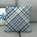 Navy and sky blue plaid linen cushion cover on a gray sofa in a home setting - Deep Blue Sky Blue Beige Plaid Style (10)