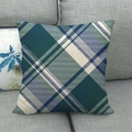 Close-up of linen-style striped plaid cushion cover with woven fabric texture - Dark Green Blue Beige Vintage Plaid Style (15)