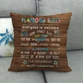 Linen playroom rules cushion cover with brown wood grain print on gray sofa - Dark Wood Playroom Rules Style (6)