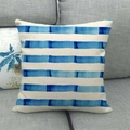Close-up of linen cushion cover with artistic blue watercolor geometric stripes - Beige Background Blue Horizontal Stripes (8)