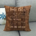 Square linen pillow cover with dark brown wood grain and House Rules inspirational text - Vintage Wood House Rules Style (7)