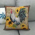 Housse de coussin en lin avec coq coloré, tournesol et bordure à carreaux noir et blanc - Coq au Motif de Parchemin et Tournesol (10)