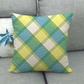 Square linen style pillow cover featuring yellow and blue checkered pattern on a sofa - Lemon Yellow Cyan Blue Plaid Style (9)