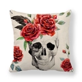 Linen skull pillowcase with watercolor red roses and floral wreath on white background - Watercolor Rose Skull Style (1)