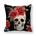 Skull and red roses printed linen throw pillow cover with artistic floral pattern - Black Background Red Rose Skull Style (2)