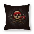 Detail of linen skull pillow cover featuring a pirate design with cannons and red bandana - Black Pirate Cannon Skull Style (6)
