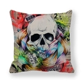 Detail view of linen skull pillowcase featuring street art graffiti and vibrant ribbons - Color Graffiti Line Skull Style (9)