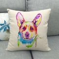 Linen pillowcase with watercolor Corgi illustration on a gray sofa corner - Splatter Watercolor Style (6)