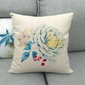 Floral linen square pillowcase with blue roses and red berries on a grey fabric sofa - Blue White Floral With Red Berries Style (4) / 45x45cm