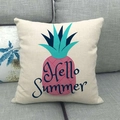 Tropical square cushion cover with pink pineapple and Hello Summer print on linen fabric - Pink and Blue Leaf Pineapple (Style 5)