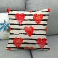 Detail of linen pillow cover with black stripes and red watercolor hearts on a grey sofa - Black White Wide Striped Red Heart Style (7)