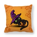 Halloween pillowcase featuring cartoon black cat with wizard hat on vibrant orange background - Cat with Witch Hat Holding Pumpkin (14)