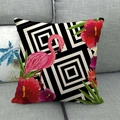 Linen pillow cover featuring a pink flamingo and tropical flowers on a geometric base - B&W Geometric Tropical Flower