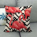 Tropical linen pillowcase featuring three pink flamingo patterns on a square cushion cover - Beige Triple Flamingo