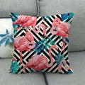 Linen flamingo pillow cover with tropical palm leaves and geometric stripes design - B&W Geometric Tropical Style