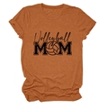 Detail of Volleyball MOM print and folded cuffs on a caramel-colored crew neck t-shirt - Burnt Orange (Black Font)