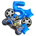 Racing car theme balloon set with number 5 and motorcycle graphics for kids birthday party - Number 5 / Blue