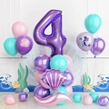 Mermaid theme 4th birthday set with purple shell, number 4 balloon and mermaid patterns - Age 4 Style